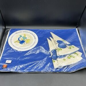 VTG Vera Neumann Island Gladness Placemats Napkins New Blue Lime Linen~ set of 8